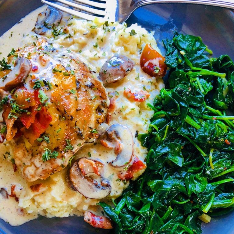 easy chicken thighs & creamy bacon mushroom sauce.