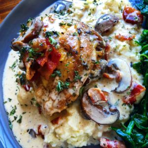 Chicken Thighs with Creamy Bacon Mushroom Thyme Sauce