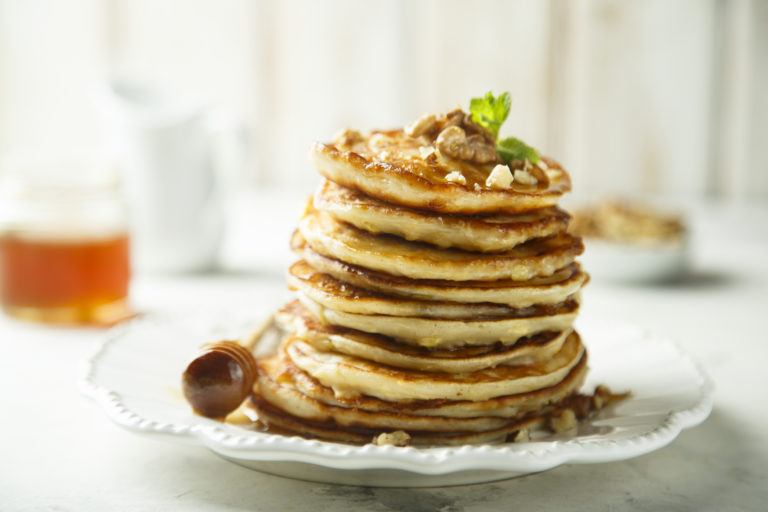 Banana Buttermilk Pancakes with Butter Pecan Syrup