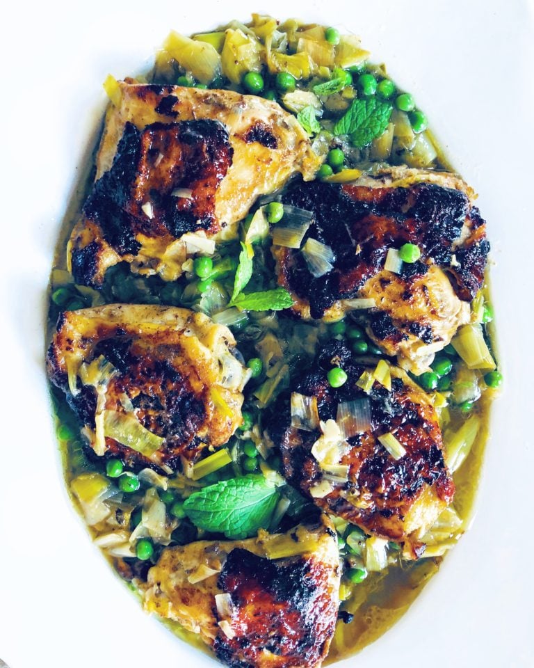 Roast Chicken Thighs with Peas and Mint