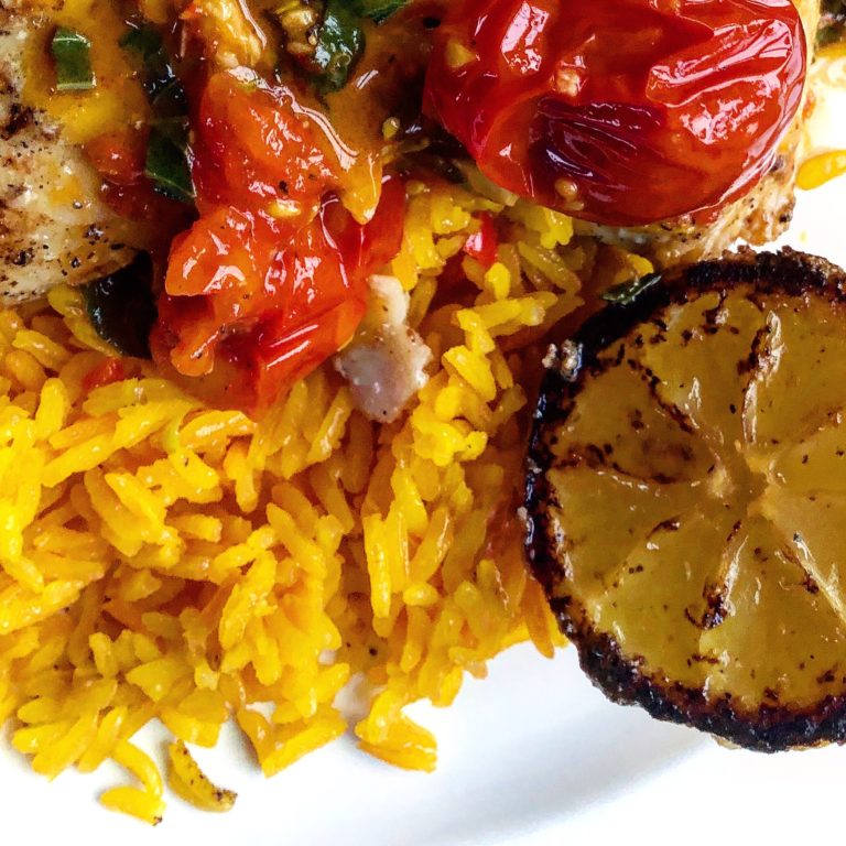Pan-Fried Cod in Tomato Basil Sauce with Rice Pilaf