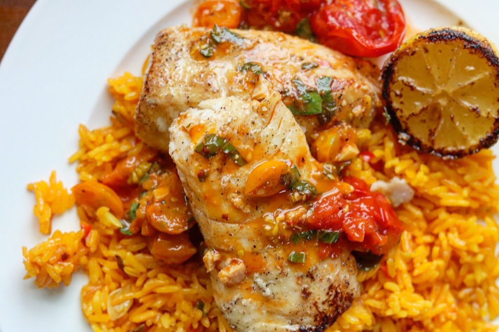 Pan-Fried Cod in Tomato Basil Sauce with Rice Pilaf