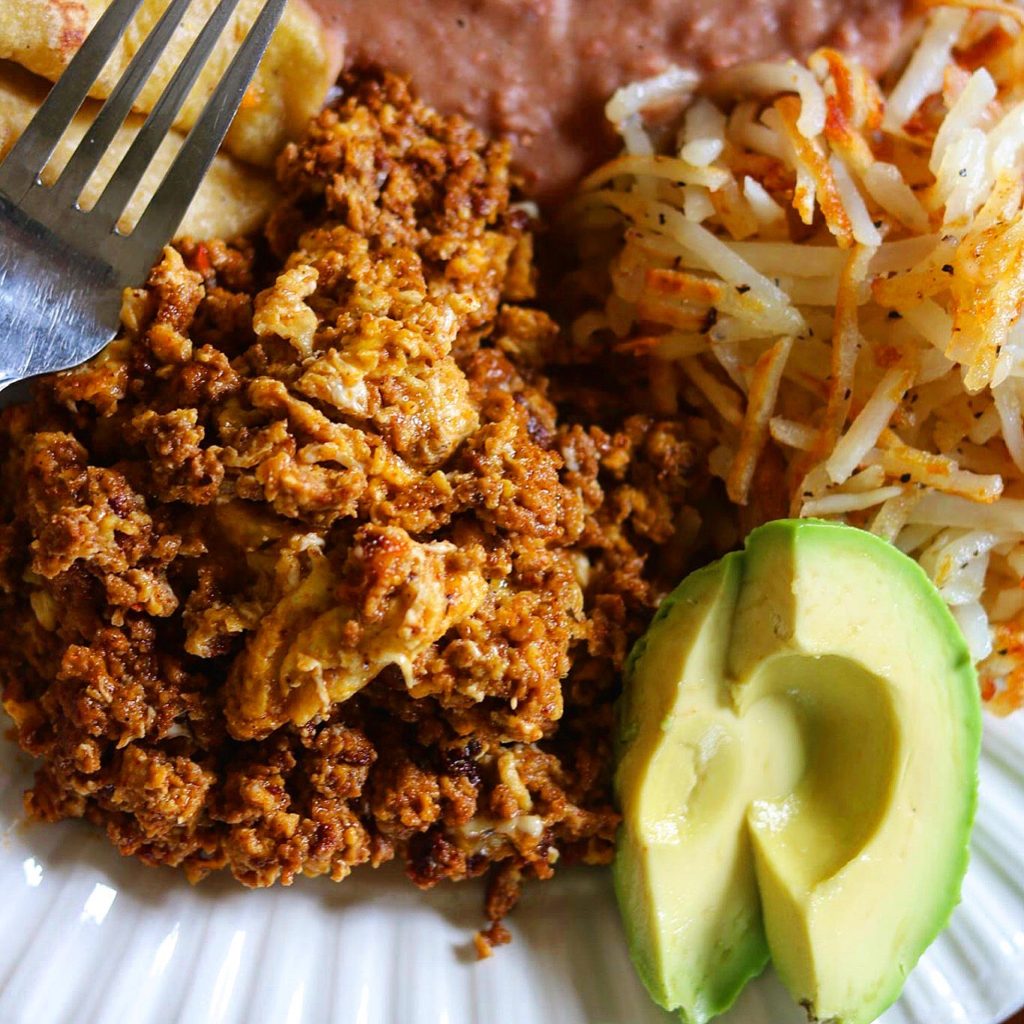 Homemade Chorizo with Eggs, Hashbrowns, and Refried Beans