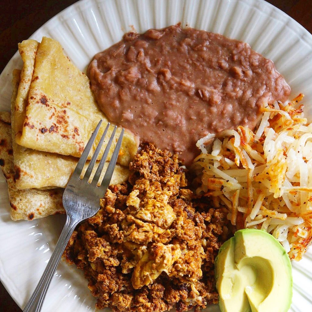 Homemade Chorizo with Eggs, Hashbrowns, and Refried Beans