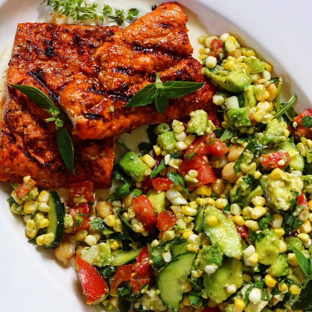 Lemon Parmesan Salmon with Corn, Tomato and Avocado Salad