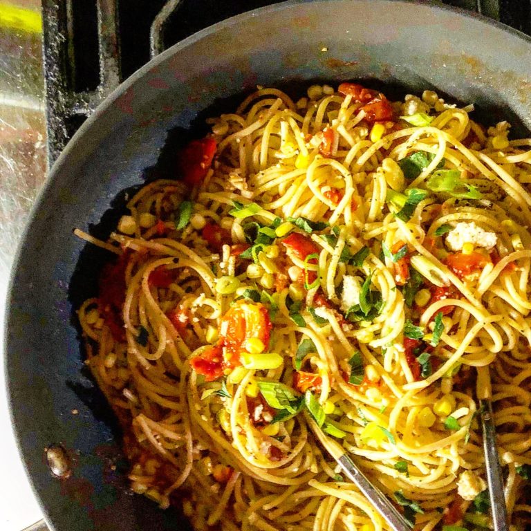Summer Pasta with Fresh Corn, Roasted Red Peppers, and Cherry Tomatoes