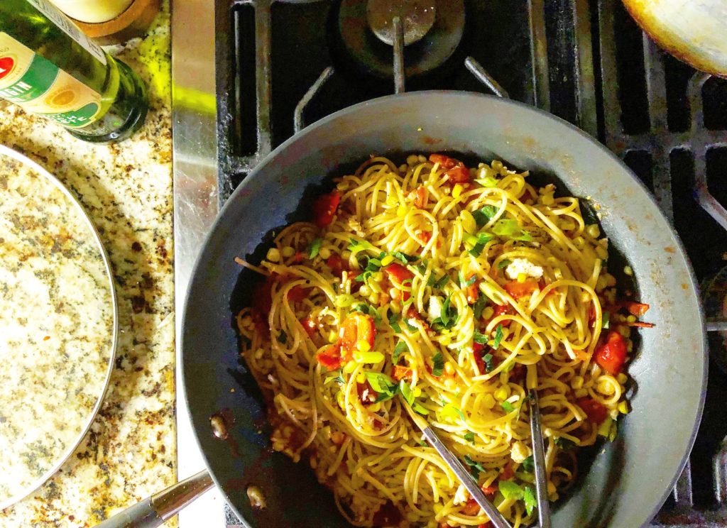 Summer Pasta with Fresh Corn, Roasted Red Peppers, and Cherry Tomatoes