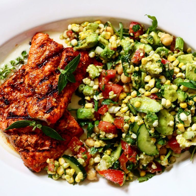 Lemon Parmesan Salmon with Corn, Tomato and Avocado Salad