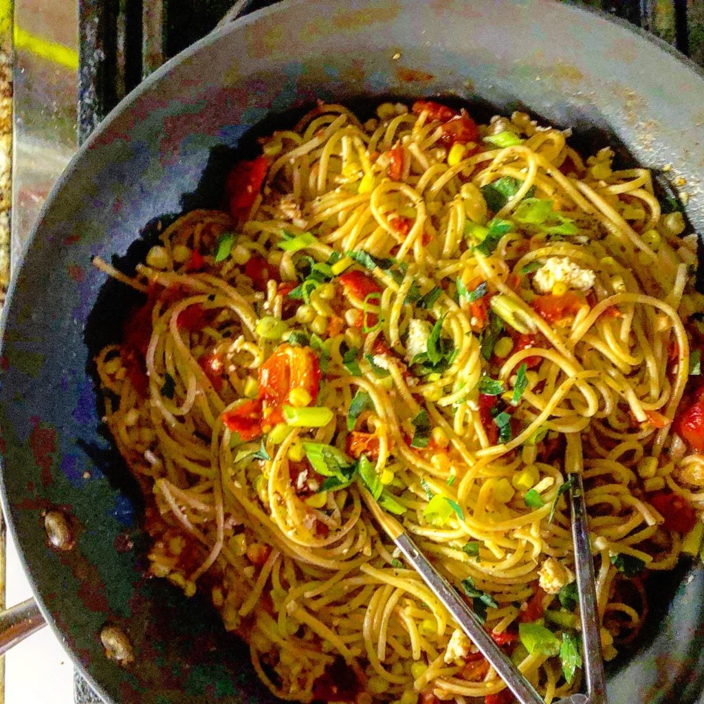 Summer Pasta with Fresh Corn, Roasted Red Peppers, and Cherry Tomatoes