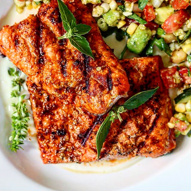 Lemon Parmesan Salmon with Corn, Tomato and Avocado Salad