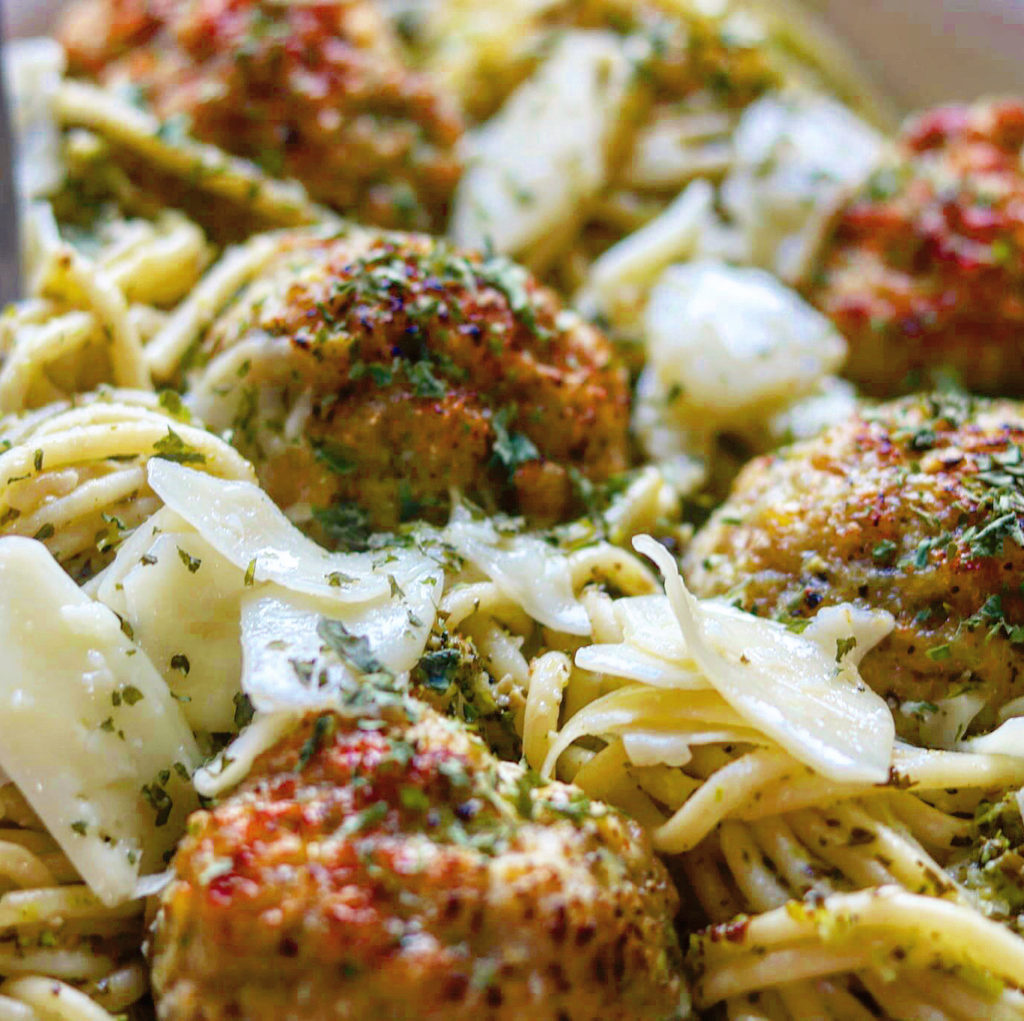 Baked Chicken Meatballs with Broccoli Pesto Pasta