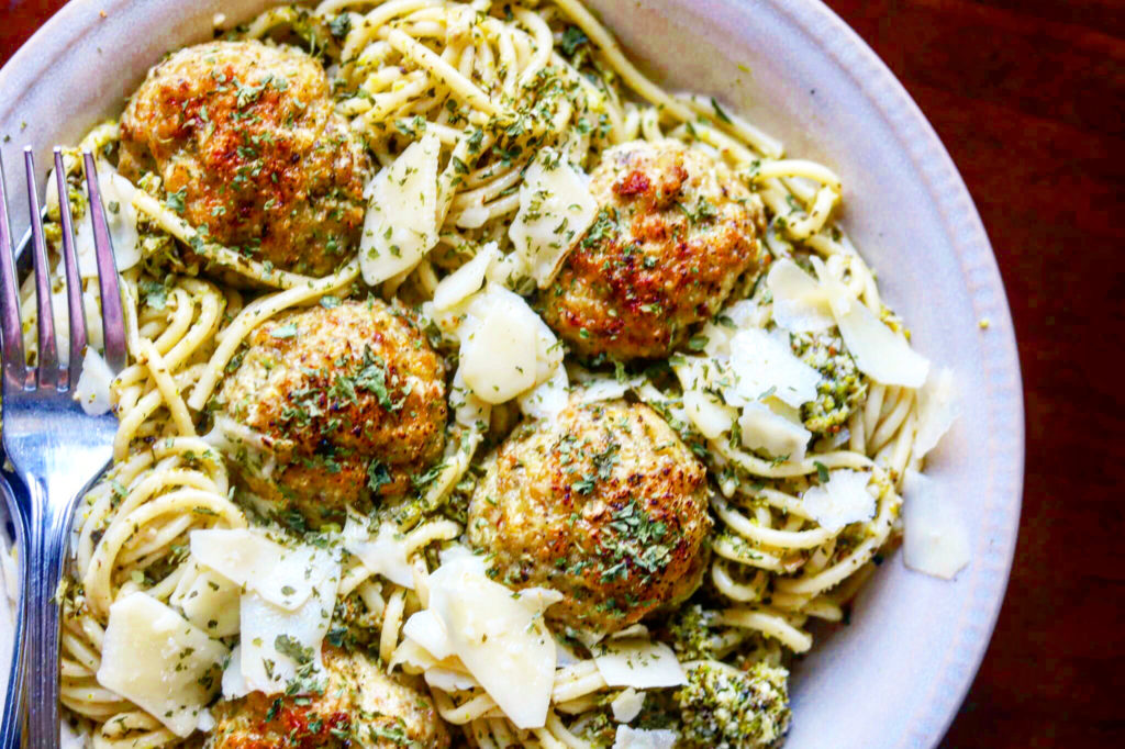 Baked Chicken Meatballs with Broccoli Pesto Pasta