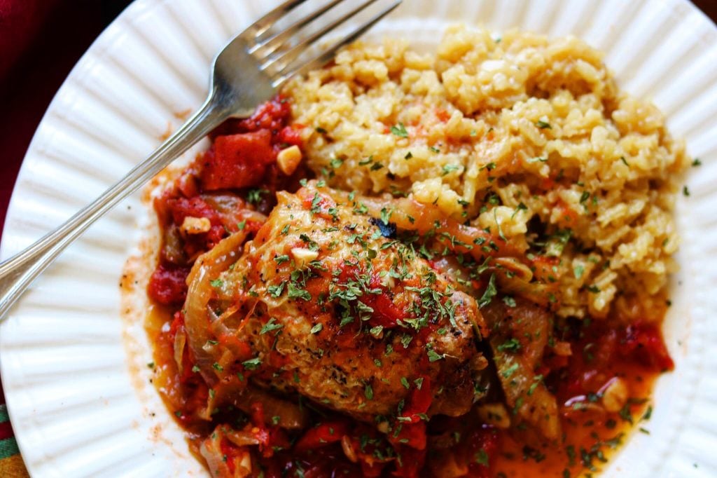 Chicken Thighs Braised with Tomatoes, Onions, and Garlic