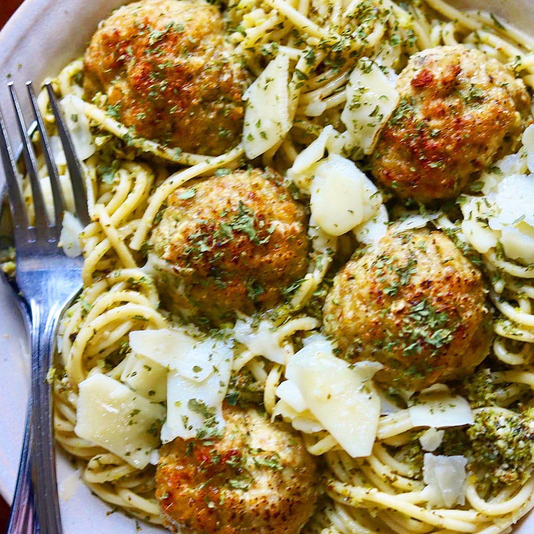 Baked Chicken Meatballs with Broccoli Pesto Pasta