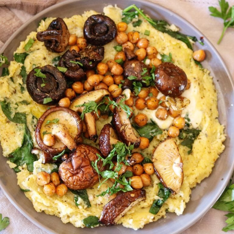 Pesto Polenta with Thyme Roasted Mushrooms and Chickpeas
