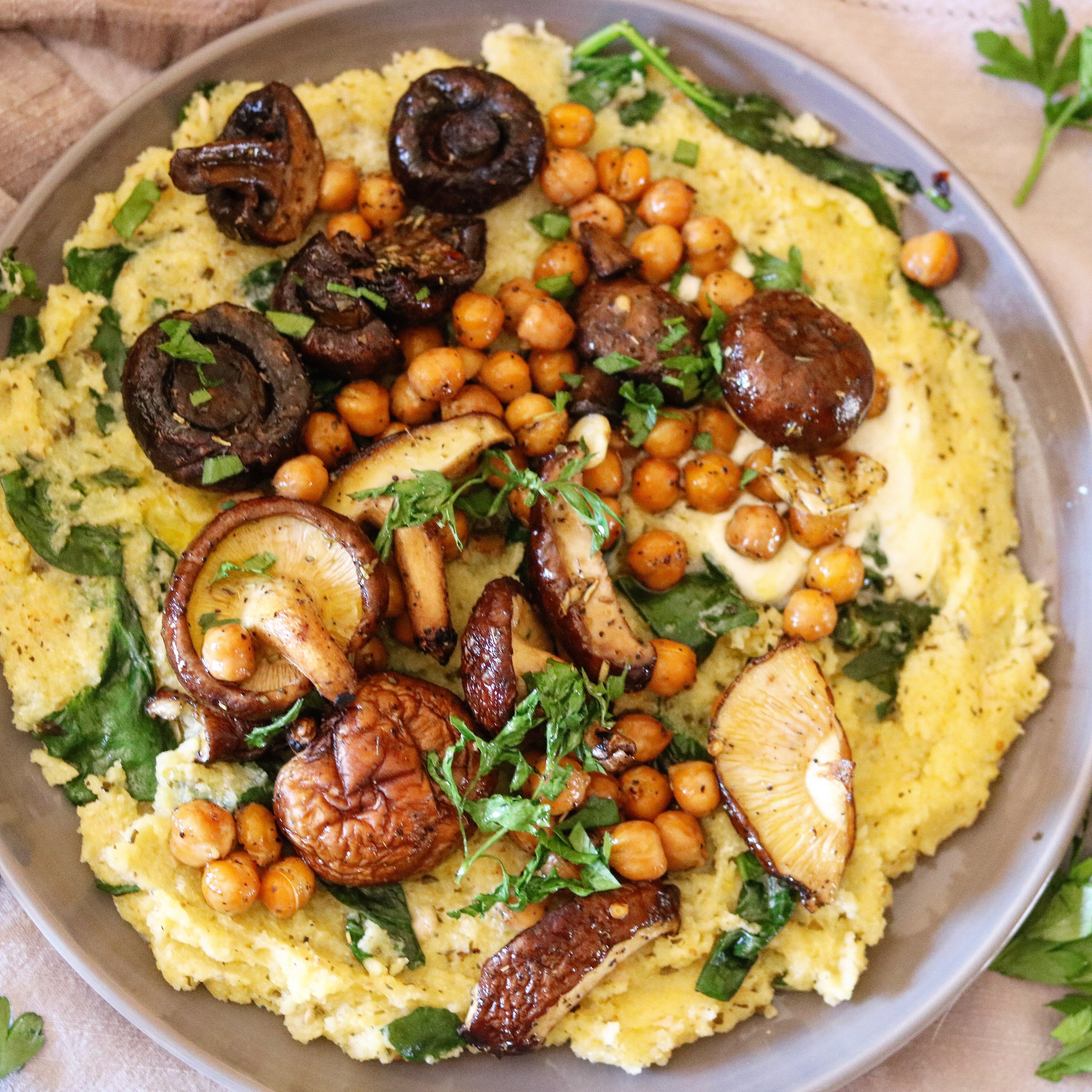 Pesto Polenta with Thyme Roasted Mushrooms and Chickpeas