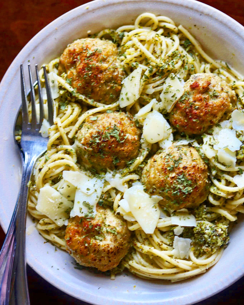 Baked Chicken Meatballs with Broccoli Pesto Pasta