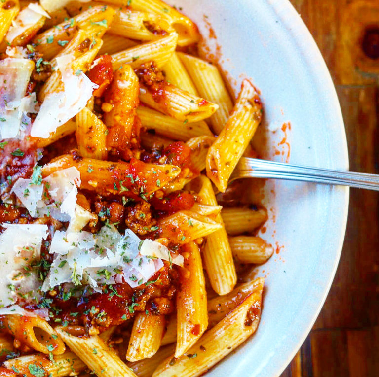 Penne in a Loads of Garlic Meat Sauce