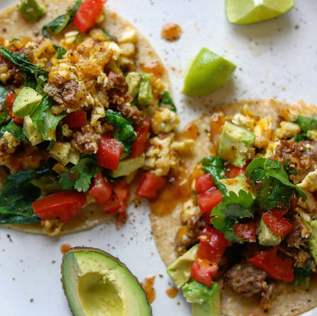 Super Greens Breakfast Tacos
Don’t want a smoothie? No problem. Start your day with these Super Greens Breakfast Tacos. My super greens were a blend of organic baby spinach, mizuna, baby chats and baby kale! After I cooked the other ingredients I just threw a big handful of greens into the mixture and turned the heat off! It makes me feel good to know I started my day eating foods that are essential. 