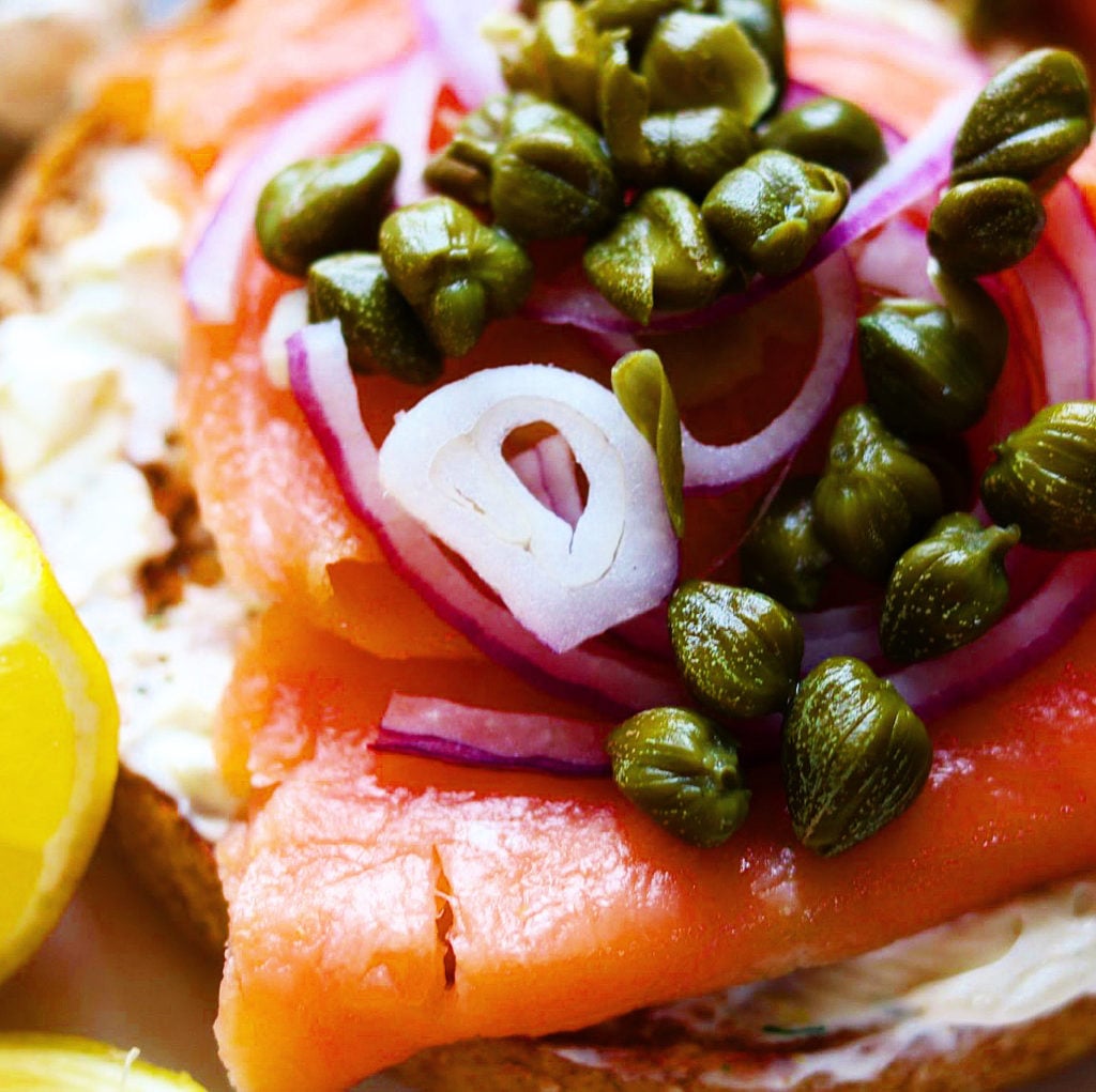 Whole Wheat Bagel with Smoked Salmon, Whipped Cream Cheese and Capers