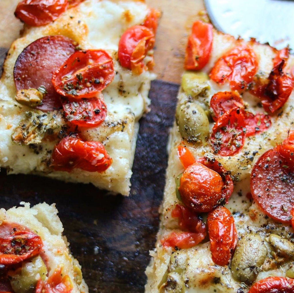 Bocconcini, Olive, Tomato and Salami Focaccia