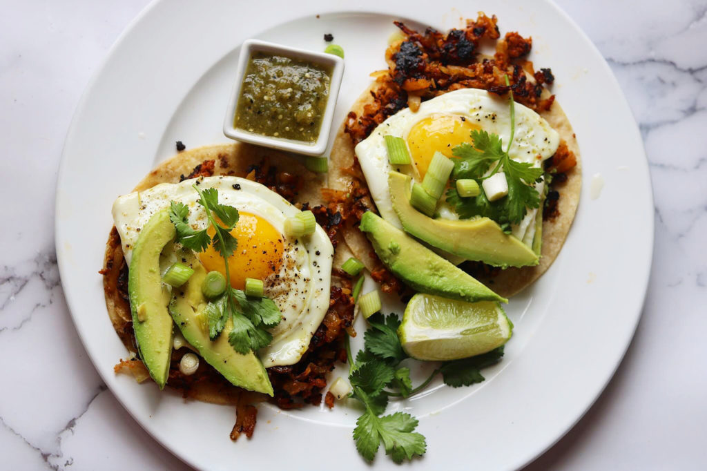 Chorizo Breakfast Tacos with Potato Hash and Fried Eggs