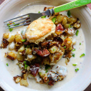 Potato and Smoked Sausage Hash Biscuit and Gravy