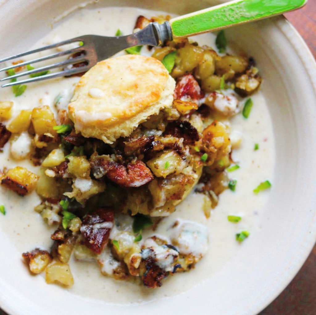 Potato and Smoked Sausage Hash Biscuit and Gravy