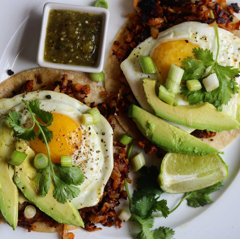 Chorizo Breakfast Tacos with Potato Hash and Fried Eggs