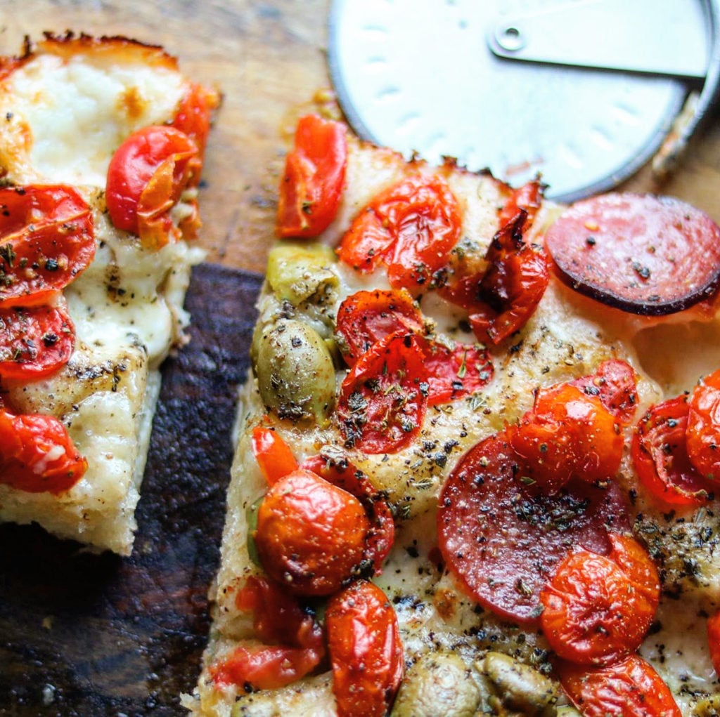 Fresh Mozzarella, Olive, Tomato and Salami Focaccia