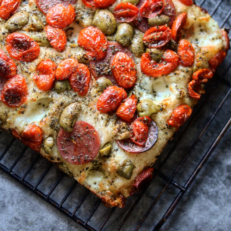 Fresh Mozzarella, Olive, Tomato and Salami Focaccia