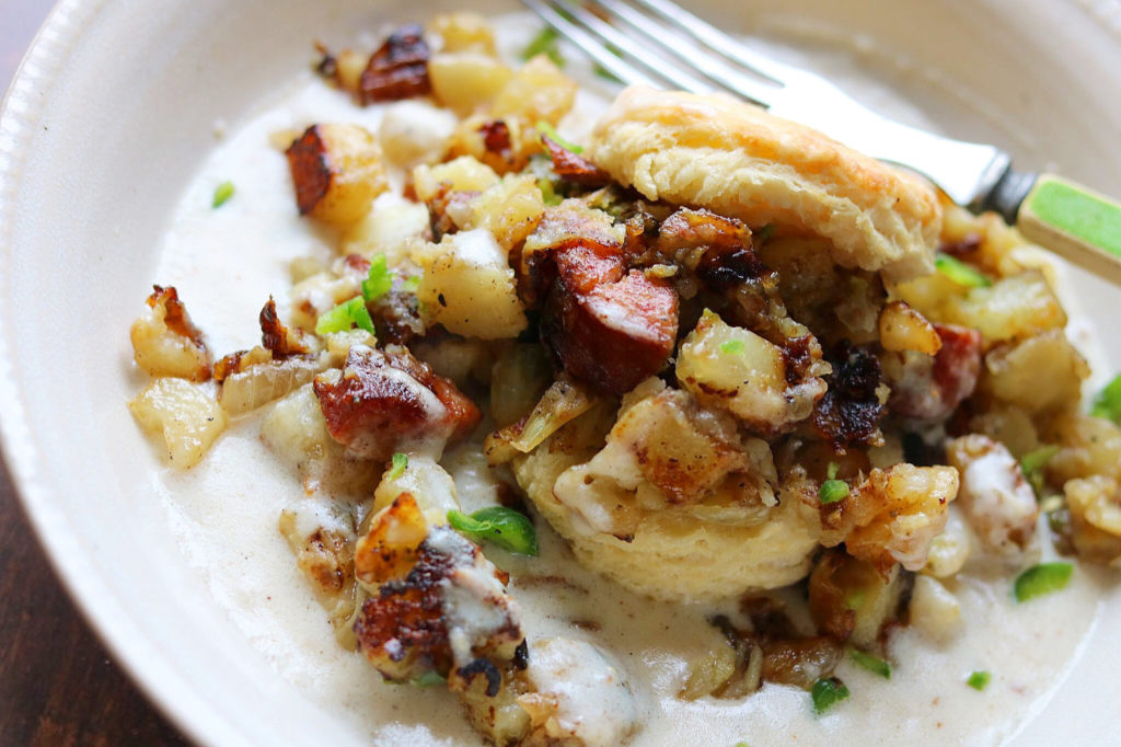 Potato and Smoked Sausage Hash Biscuit and Gravy