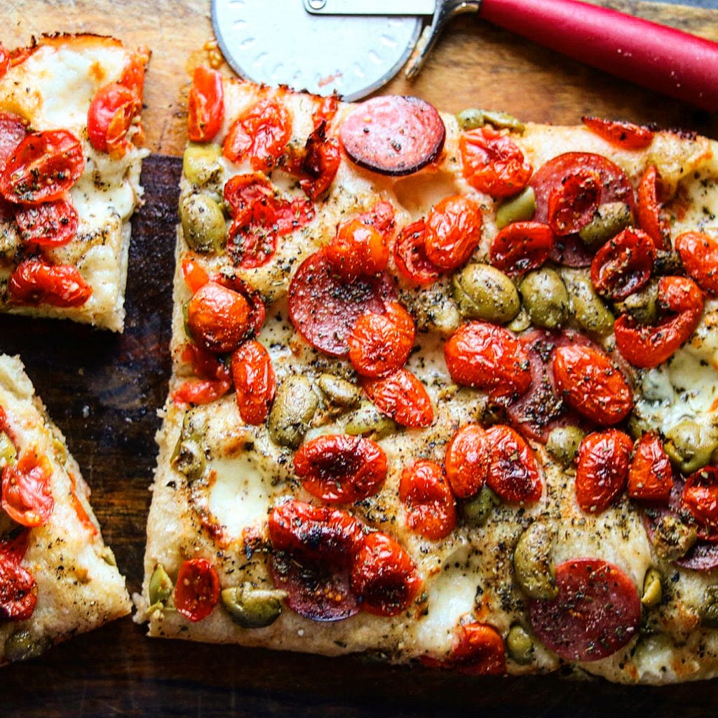 Fresh Mozzarella, Olive, Tomato and Salami Focaccia