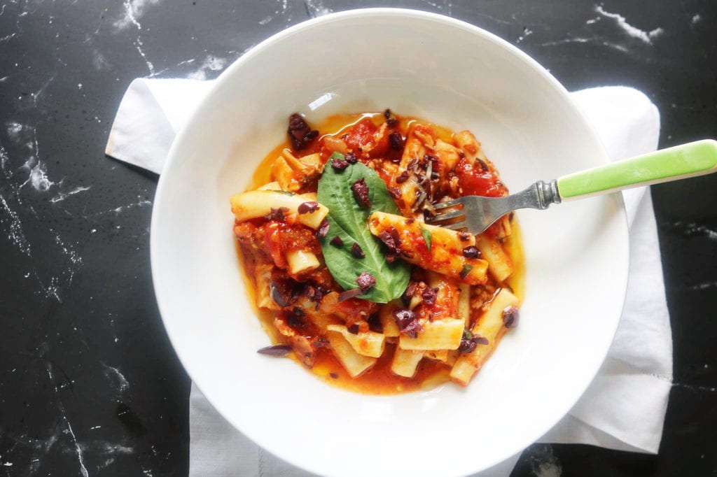 PENNE WITH TOMATOES, ITALIAN SAUSAGE, OLIVES AND TWO CHEESES