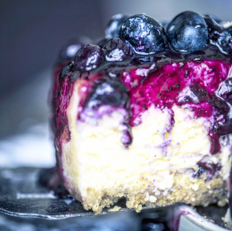 decadent blueberry cheesecake.
