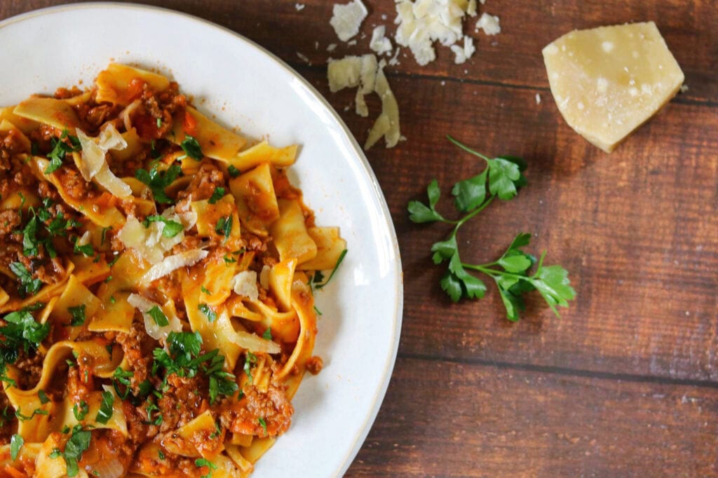 Simple Bolognese over Pappardelle