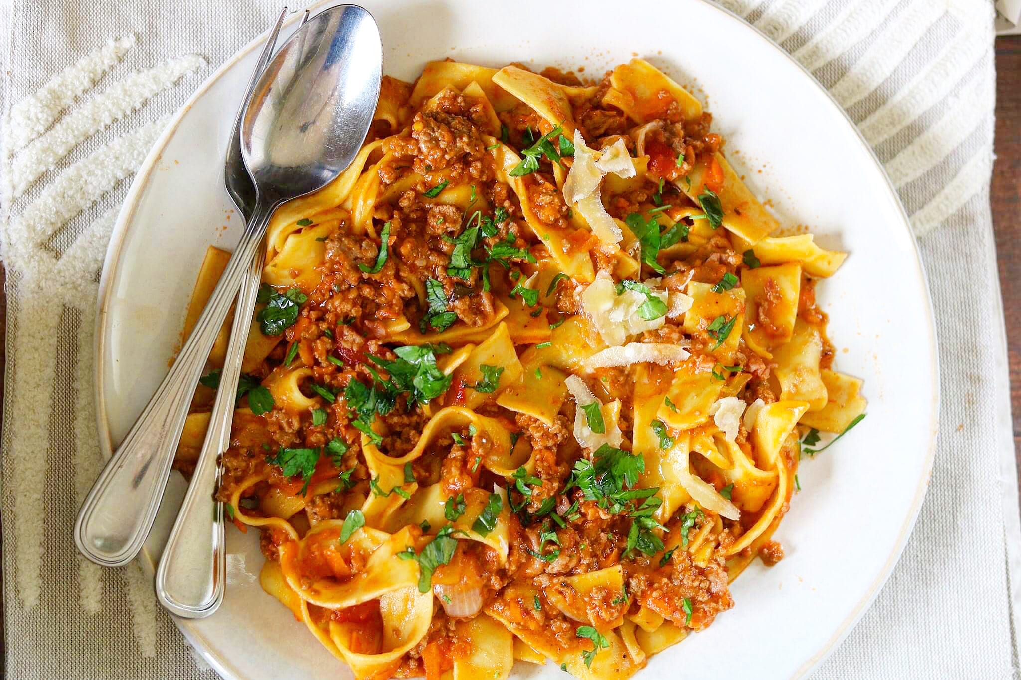 Simple Bolognese over Pappardelle