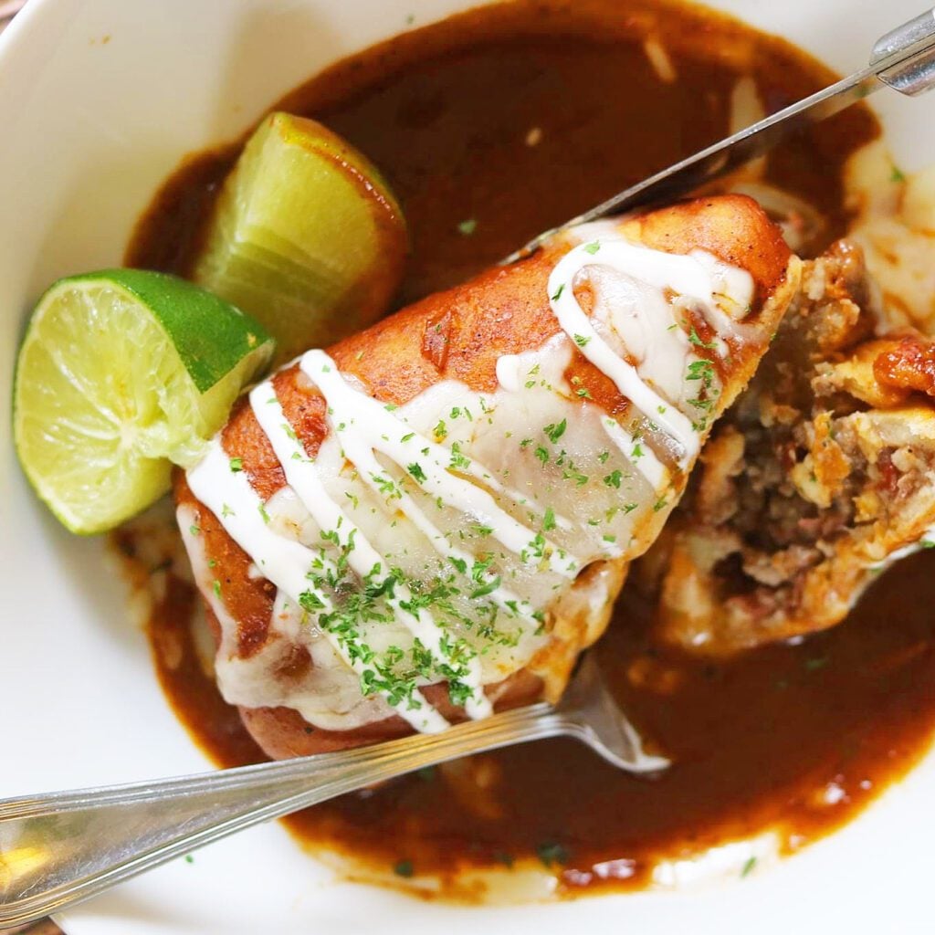 Chorizo, Potato and Eggs Fried Burritos with Red Sauce