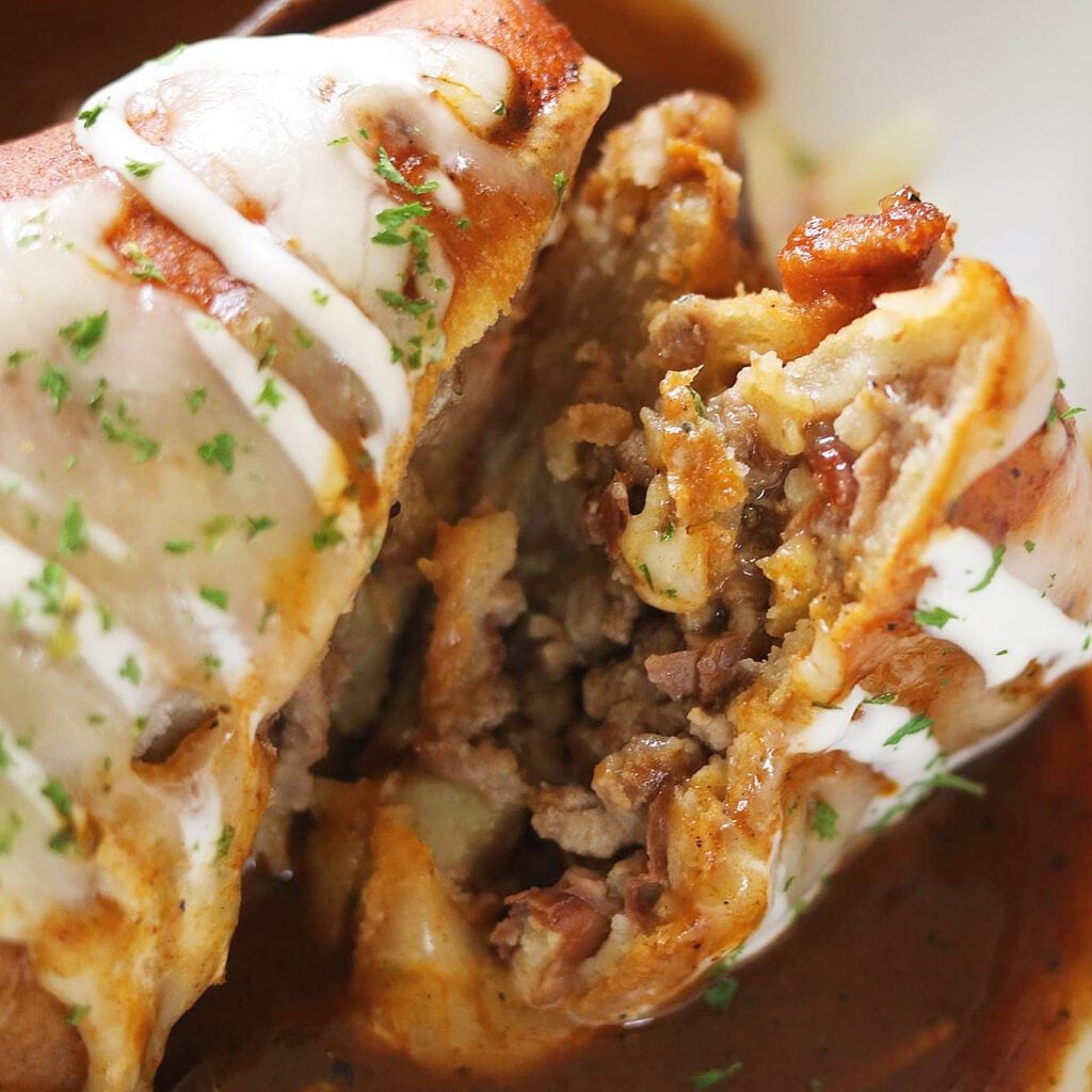 Chorizo, Potato and Eggs Fried Burritos with Red Sauce