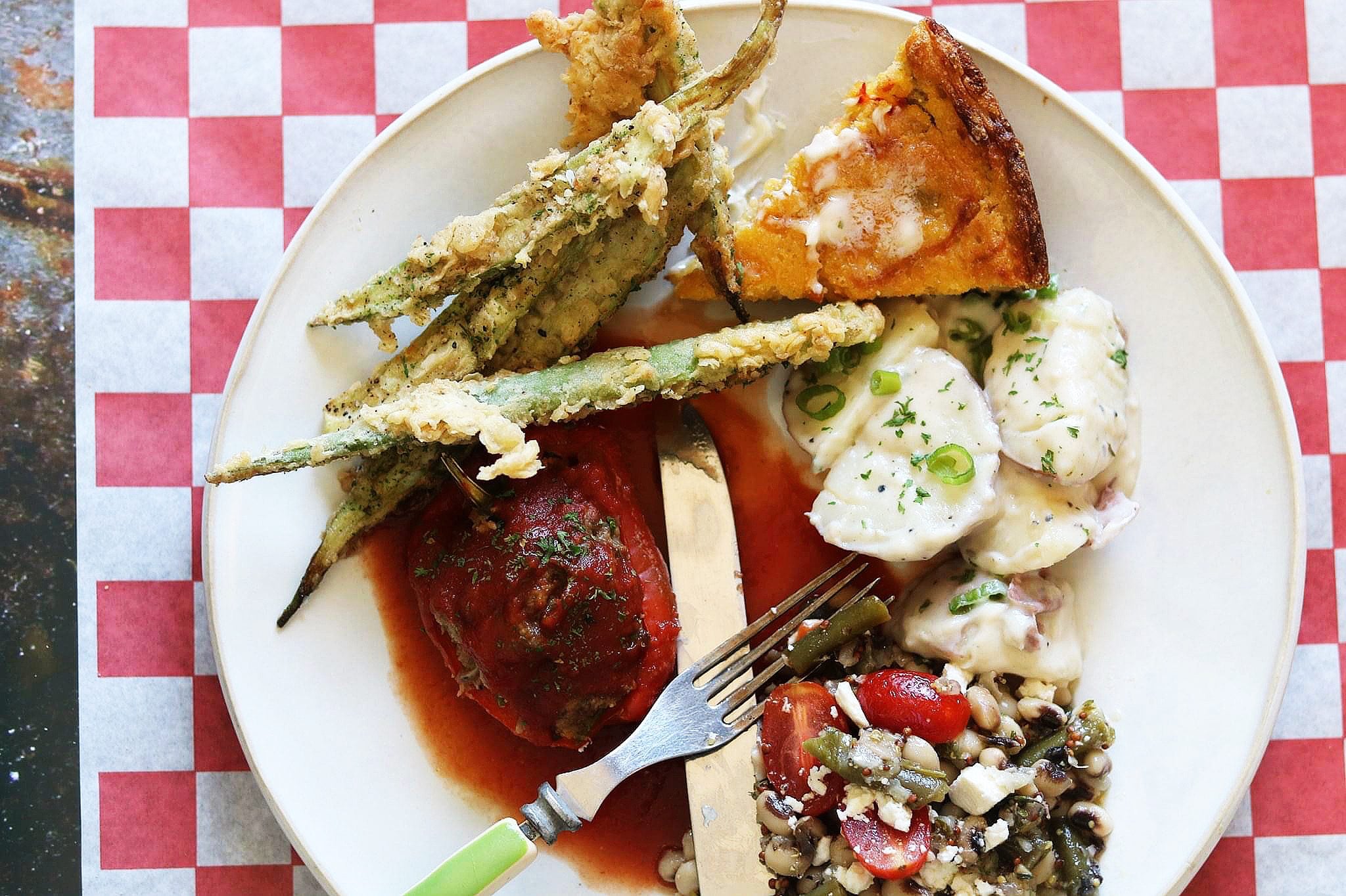 Stuffed peppers, Field Peas with Tomatoes and Feta, Fried Okra, Creamed New Potatoes and Jalapeno Cornbread