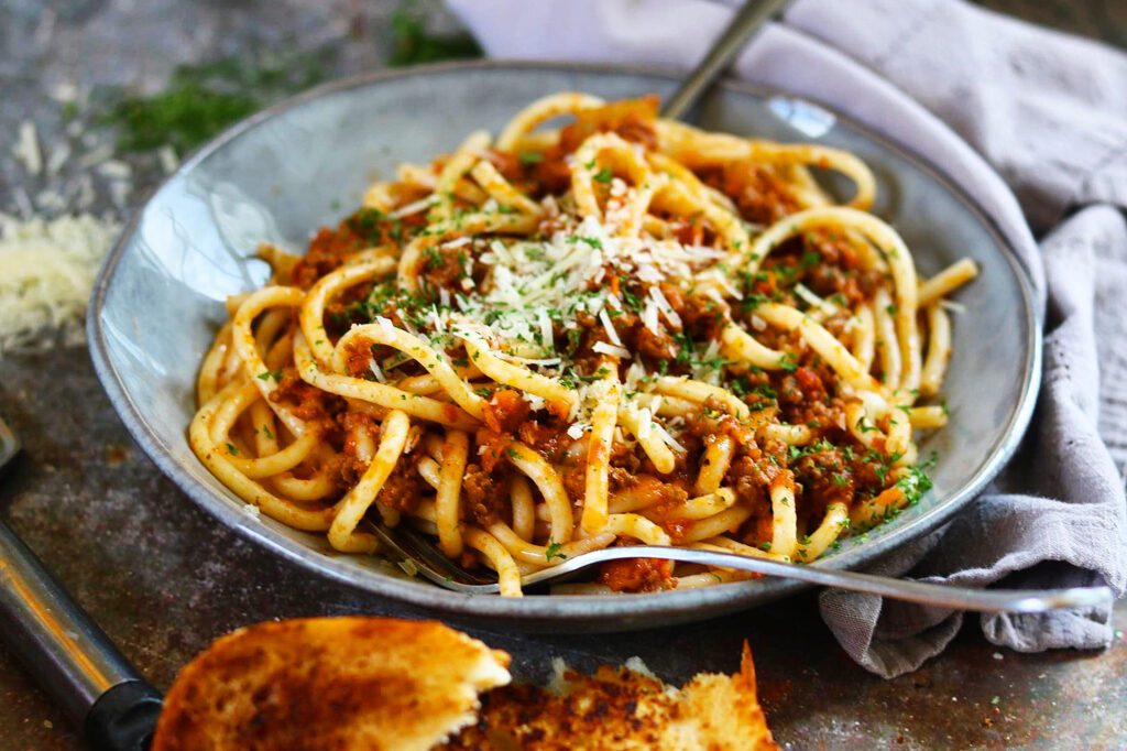 Bucatini with easy Bolognese