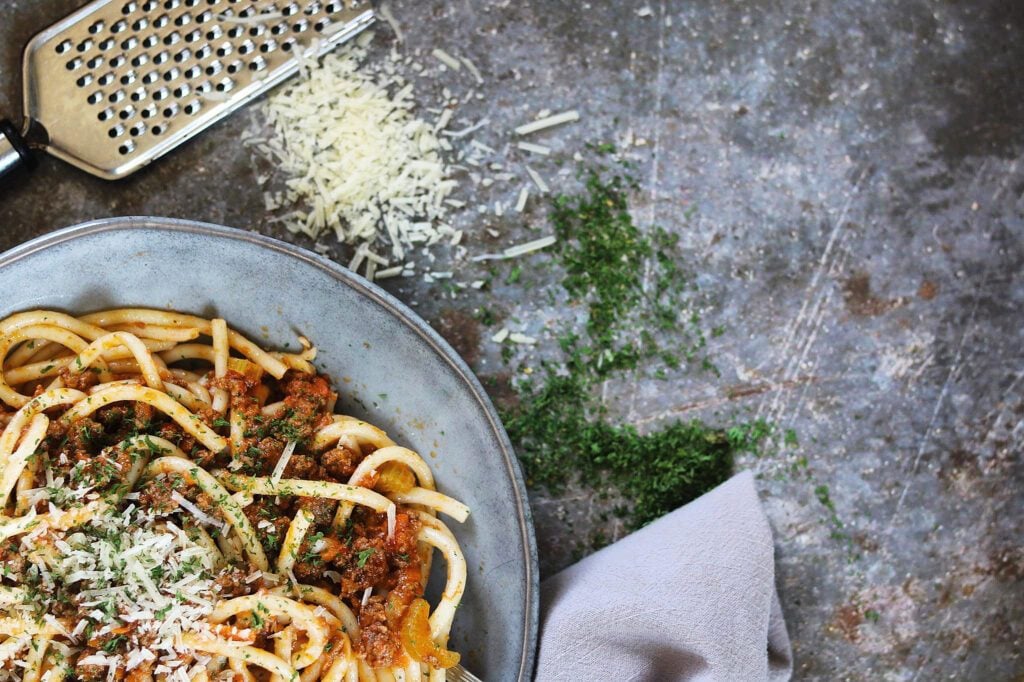 Bucatini with easy Bolognese