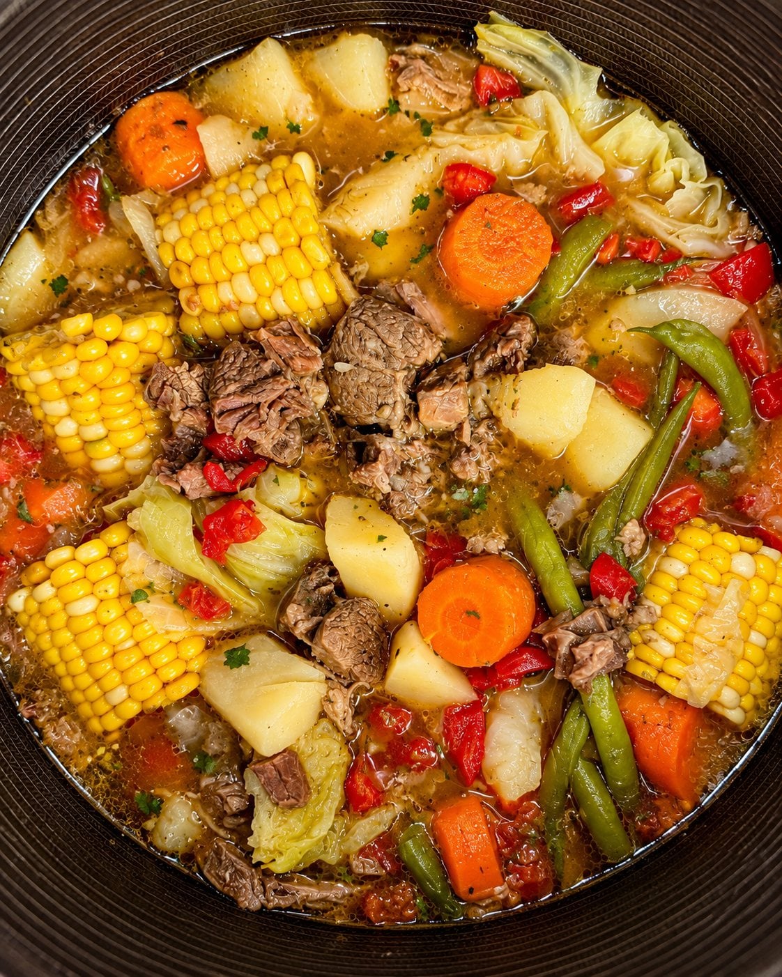Close-up of caldo de res with beef, corn, cabbage, potatoes, carrots and green beans